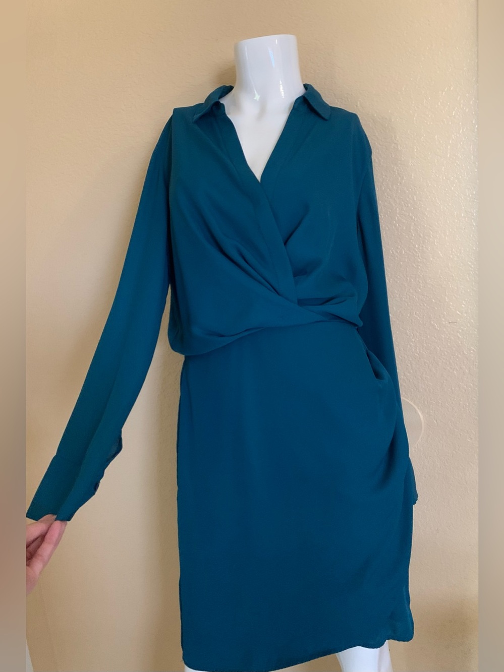 INC International Concepts Teal Collared Wrap-Front Long Sleeve Dress